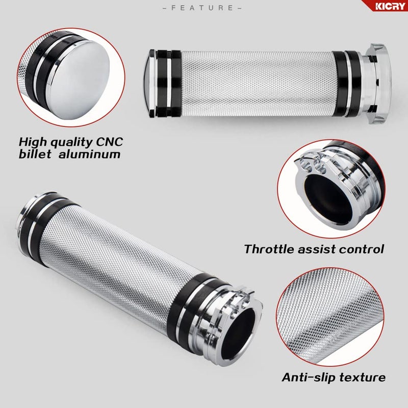 KICRY 1"" Motorcycle Hand Grips Black Chrome Handlebar Grips Compatible with Harley Touring Honda Yamaha Suzuki Kawasaki (Chrome-A) - Image 3